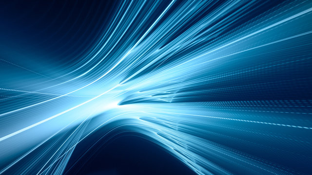 Abstract blue background element on black. Fractal graphics. Three-dimensional composition of glowing lines and mption blur traces. Movement and innovation concept.