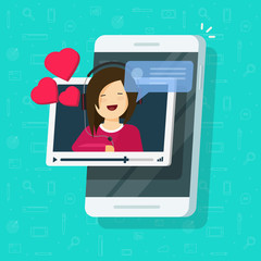 Video call with girlfriend on mobile phone vector illustration, flat cartoon smartphone video chat with lovely happy smiling girl or love talk, online distance dating, remote relationship
