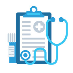 Stethoscope, medical history and medicine bottle. Icon flat design style. Medical symbol, sign and icon isolated on white background