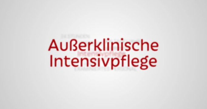 Animation zum Service der Au&szlig;erklinischen Intensivpflege eines ambulanten Pflegedienstes (z.B. Grundpflege, Behandlungspflege, 24 Stunden). Grauer Hintergrund, rote Schrift.