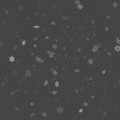 Transparent glitter Christmas eve snowfall effect for Christmas and New Year Design with snowflakes. Falling shining snow in different shapes and forms falling background. Eps 10