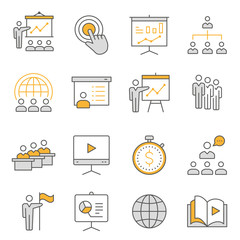 Presentation line icons set. Black vector illustration. Editable stroke.