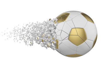 Shattering soccer ball 3D realistic raster illustration. Football ball with explosion effect. Isolated design element.