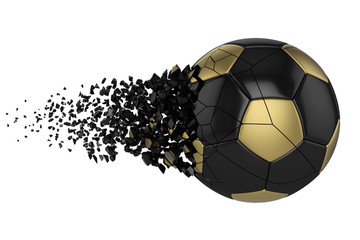 Shattering soccer ball 3D realistic raster illustration. Football ball with explosion effect. Isolated design element.