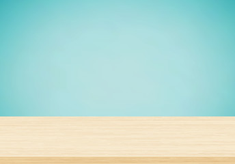 mpty wooden table top on blue background, Template mock up for display of product