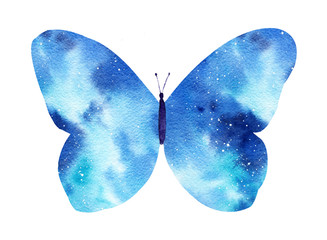 Watercolor galaxy butterfly isolated on the white background.
