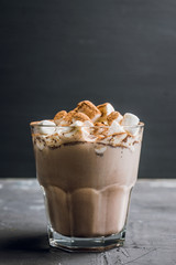 Hot Chocolate drink with marshmallow and cinnamon in old-fashioned glass. Selective focus.