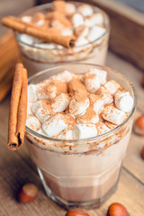 Hot Chocolate drink with marshmallow and cinnamon in old-fashioned glass. Selective focus.