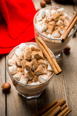 Hot Chocolate drink with marshmallow and cinnamon in old-fashioned glass. Selective focus.