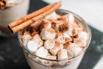 Hot Chocolate drink with marshmallow and cinnamon in old-fashioned glass. Selective focus.