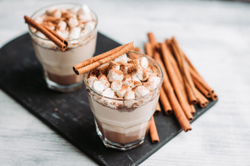 Hot Chocolate drink with marshmallow and cinnamon in old-fashioned glass. Selective focus.