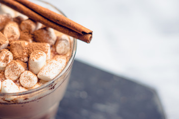 Hot Chocolate drink with marshmallow and cinnamon in old-fashioned glass. Selective focus.