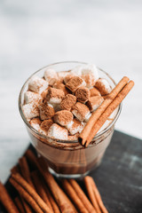 Hot Chocolate drink with marshmallow and cinnamon in old-fashioned glass. Selective focus.