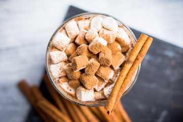 Hot Chocolate drink with marshmallow and cinnamon in old-fashioned glass. Selective focus.