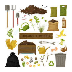 Set of cartoon flat icons. Organic compost theme. Garden tools, wooden box, ground, food garbage. Illustration of bio, organic fertilizer, compost, agronomy. Colored vector design - 243611500