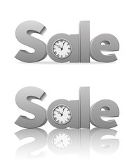 Sale Limited Time.
3d letters, Sale, platinum on white background. The watch is integral in word. Vector illustration for design posters, banners, flyers. 3D rendering.