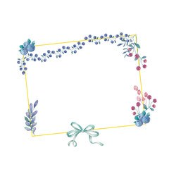 Watercolor flowers and leaves wreath. Gold frame illustration. square and bow clip art branch for celebration, widding, invite card white background Vintage style