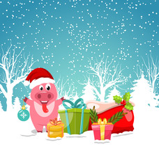 Smiling with Christmas Gift-Boxes. Winter Nature Forest