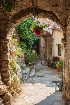 The stunning narrow cobblestone streets of the beautiful hilltop village of Peillon in the Alpes-Maritime department of southeastern France