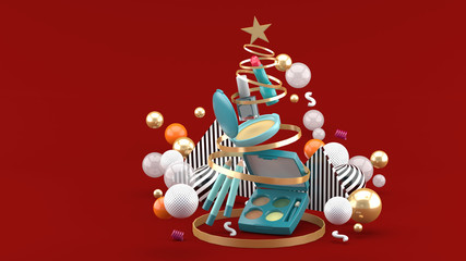 Cosmetics inside a Christmas tree ribbon amid colorful balls on a red background.-3d rendering.
