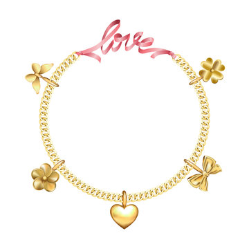 Love fashion print with gold chain, pendants and pink ribbon