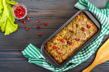 Liver casserole. Useful dish from the liver. Freshly baked pork liver souffle with rice and...
