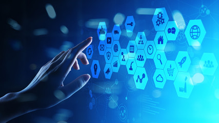 Mixed media, Business intelligence icons on virtual screen, analysis and big data processing dashboard. Business and modern information technology concept.