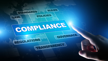 Compliance concept with icons and text. Regulations, law, standards, requirements, audit diagram on...