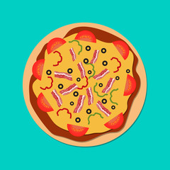 Top view delicious italian pizza with bacon