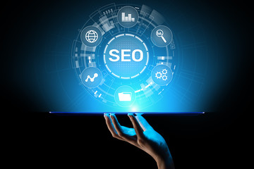 SEO - Search engine optimisation, Digital Internet marketing concept on virtual screen.