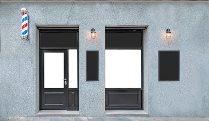 Outdoor mockup,store template,front view black barber shop facade with windows display and posters.