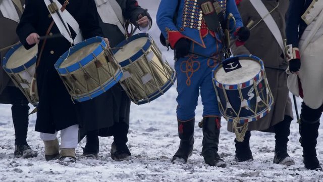 Soldiers playing war drums in Napoleonic wars