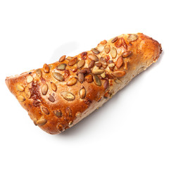 Cheese, bacon and seed bread roll isolated on white