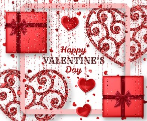 Happy Valentine Day background with shiny and glossy hearts. Red pink glitter and confetti. Greeting card and Love template