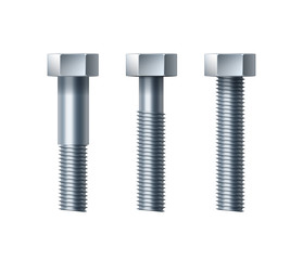 Three vector steel hex bolt with partly or threaded body under head, isolated on background - obrazy, fototapety, plakaty
