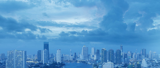 Bangkok city skyline aerial view in blue tone with beautiful sky.