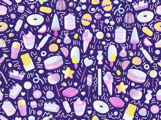 Cute seamless pattern with colorful sweets, cakes, lollipops. Cartoon seamless pattern with candy and sweet dessert. Fun colorful sweet pattern with candy, ice cream, round lollipops. Candy pattern