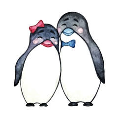 watercolor cute vector two couple love boy and girl penguin