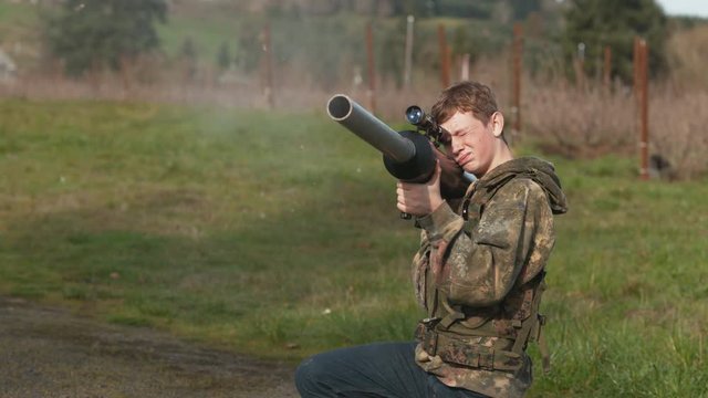 Boy shooting a potato gun in super slow motion, shot with Phantom Flex 4K