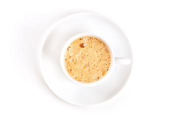 A photo of a cup of coffee with foam, shot from the top on a white background with copy space