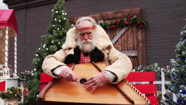 Portrait of old man in russian costume among Christmas decorations play dulcimer