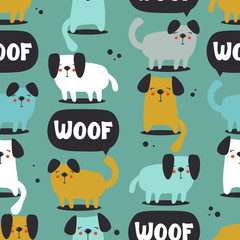 Happy dogs, hand drawn backdrop. Colorful seamless pattern with animals and text. Decorative cute wallpaper, good for printing. Overlapping background vector. Design illustration