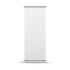 Roll up banner stand isolated on white background. Vector blank display mockup for presentation or exhibition product template.