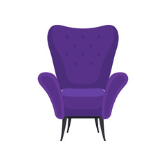 Fototapeta premium Flat vector icon of cozy purple armchair, front view. Comfortable soft chair for living room. Modern furniture