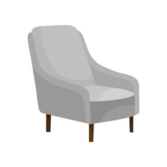 Comfortable armchair with soft gray upholstery and wooden legs. Modern furniture for living room. Flat vector icon