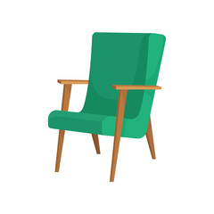 Wooden armchair with green upholstery. Soft furniture for living room. Flat vector icon