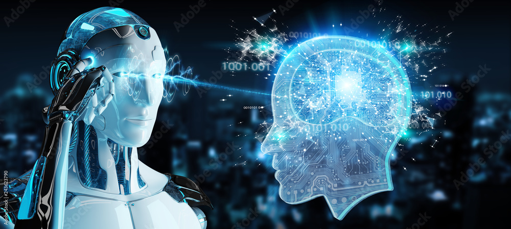 Poster cyborg creating artificial intelligence 3d rendering