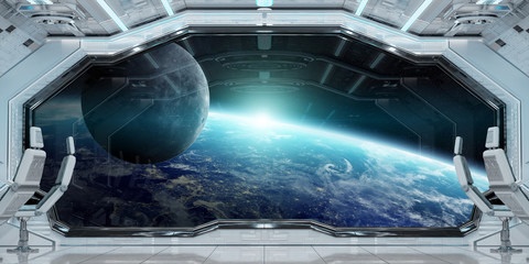 White clean spaceship interior with view on planet Earth 3D rendering © sdecoret