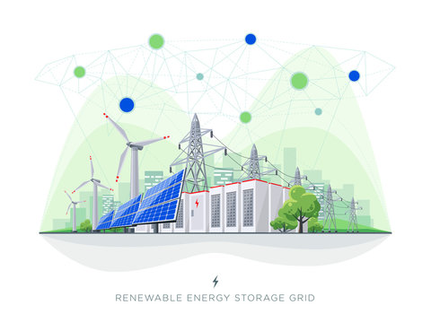 Renewable energy smart grid blockchain connected system. Flat vector illustration of solar panels, wind turbines, battery storage, high voltage electricity power transmission grid and city skyline. 