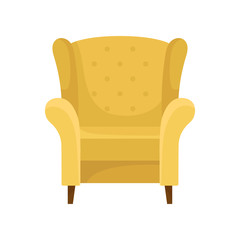 Comfortable yellow armchair with wooden legs. Cozy furniture. Soft chair for living room. Flat vector design